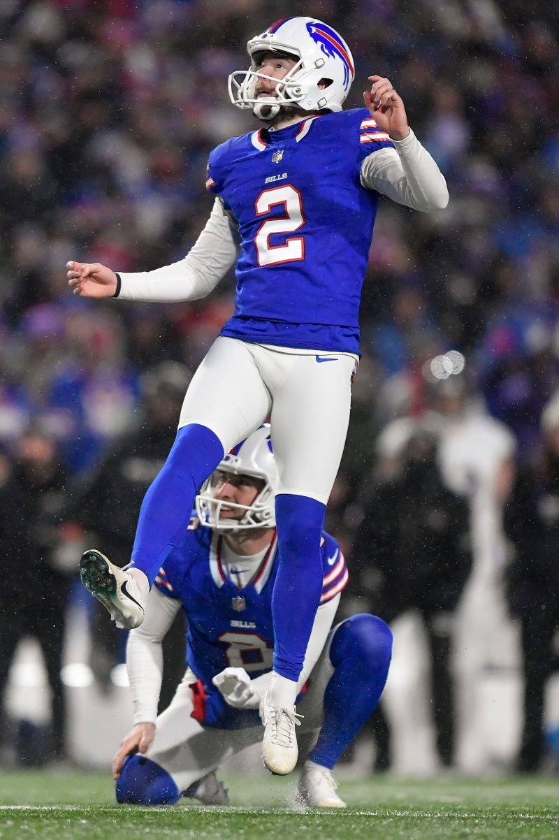 Buffalo Bills kicker Tyler Bass kicks a field goal in the fourth quarter.