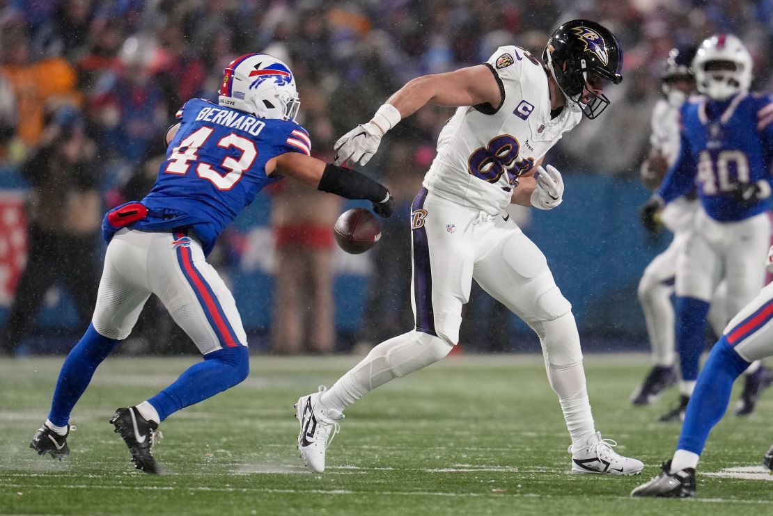 Buffalo Bills linebacker Terrel Bernard stripped the ball from Baltimore Ravens tight end Mark Andrews in a crucial play during the fourth quarter.