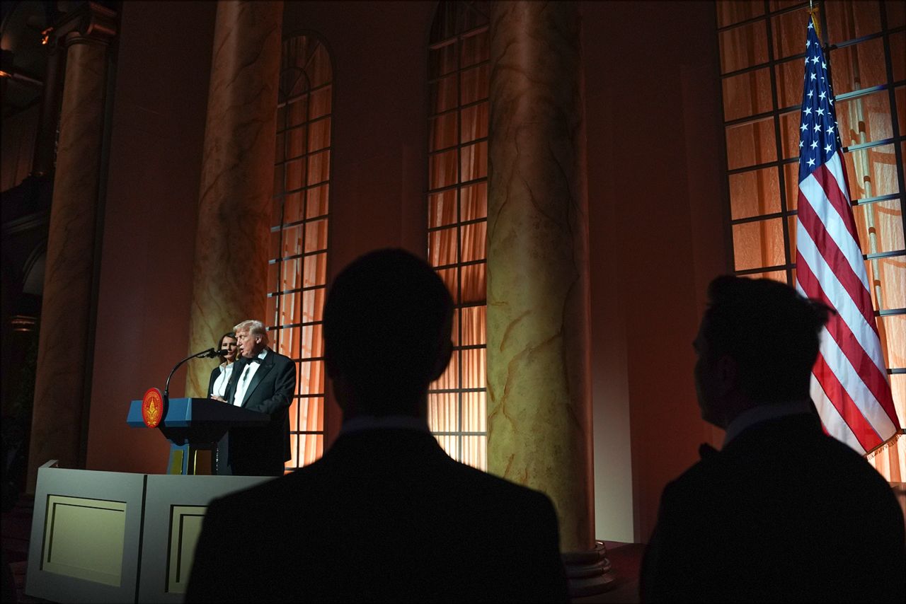 Donald Trump speaks during a dinner at the Building Museum, in Washington on Sunday.