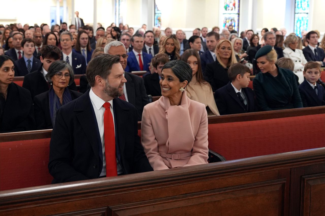 Vice President-elect JD Vance and Usha Vance arrive for a service at St. John's Church.