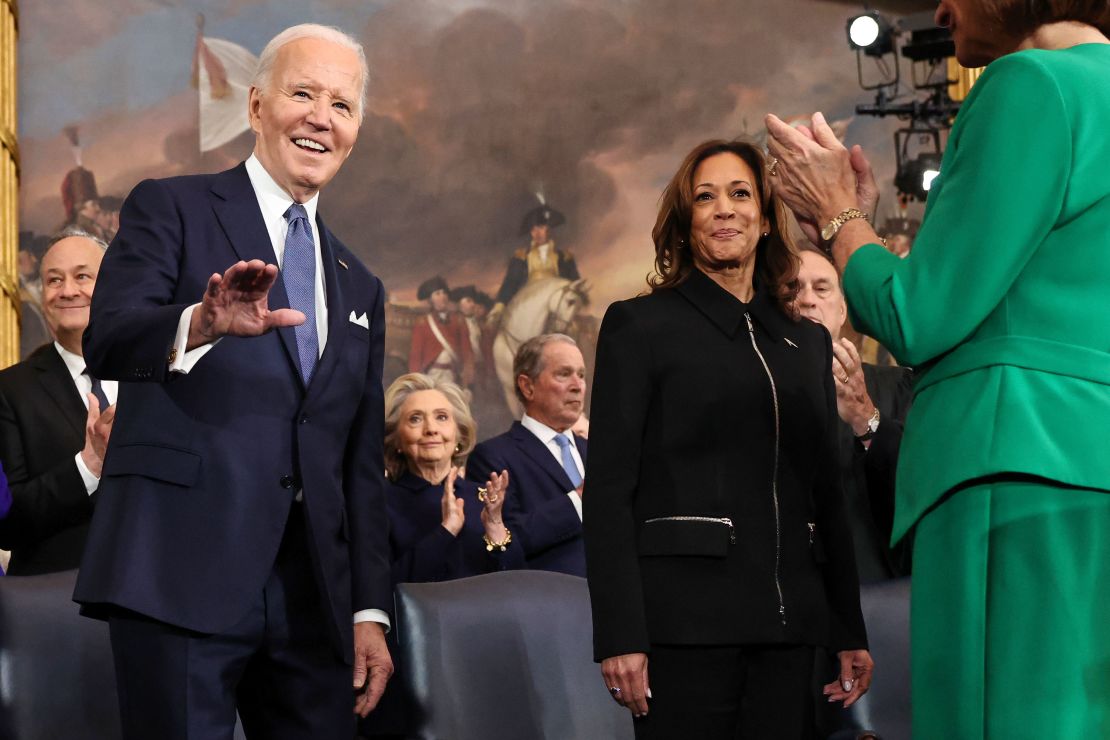 President Joe Biden and Vice President Kamala Harris arrive during the 60th Presidential Inauguration in the Rotunda of the U.S. Capitol in Washington, Monday, Jan. 20, 2025. (Chip Somodevilla/Pool Photo via AP)