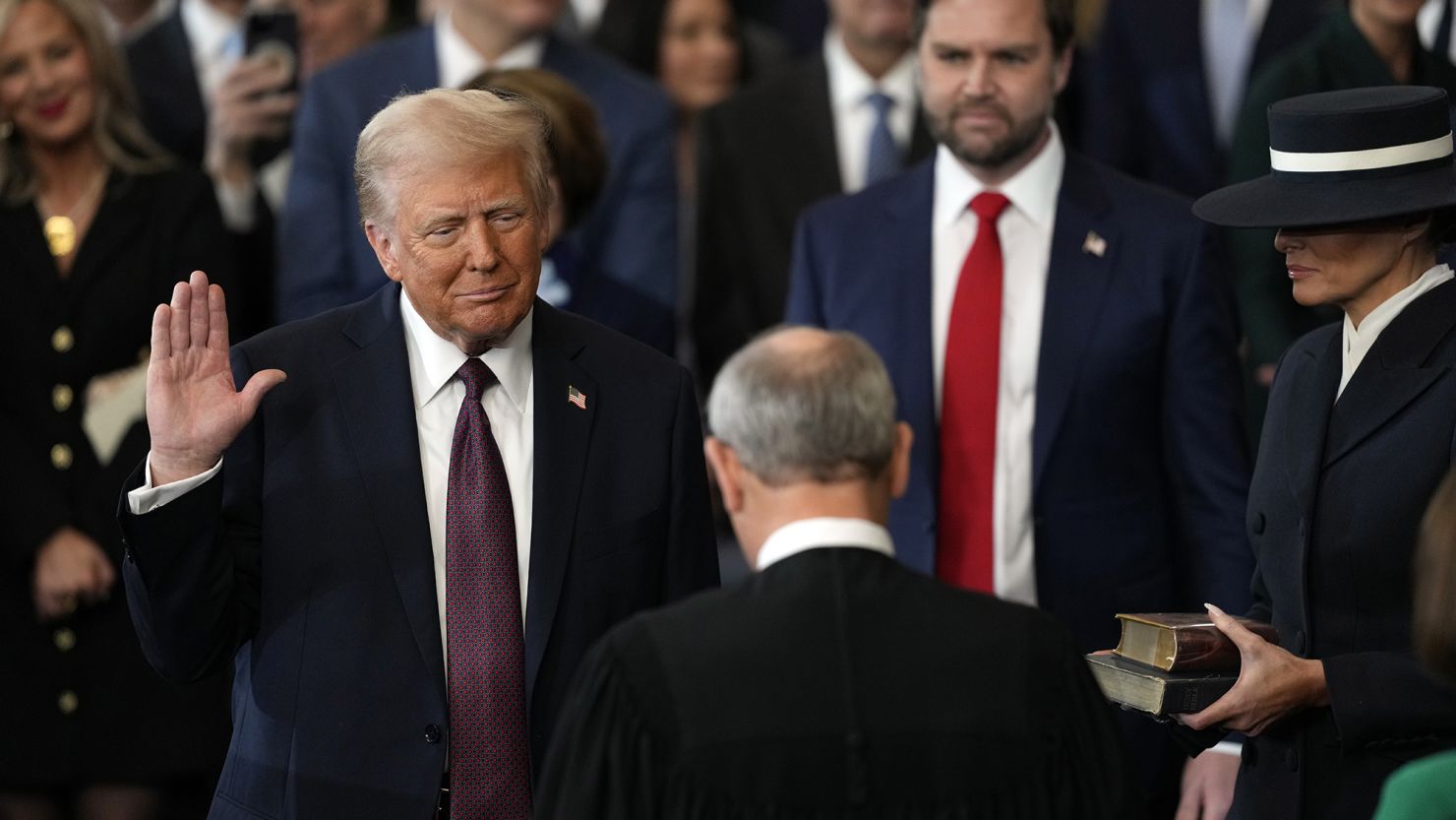 Donald Trump is sworn in as the 47th president of the United States by Chief Justice John Roberts at the US Capitol in Washington on January 20, 2025.