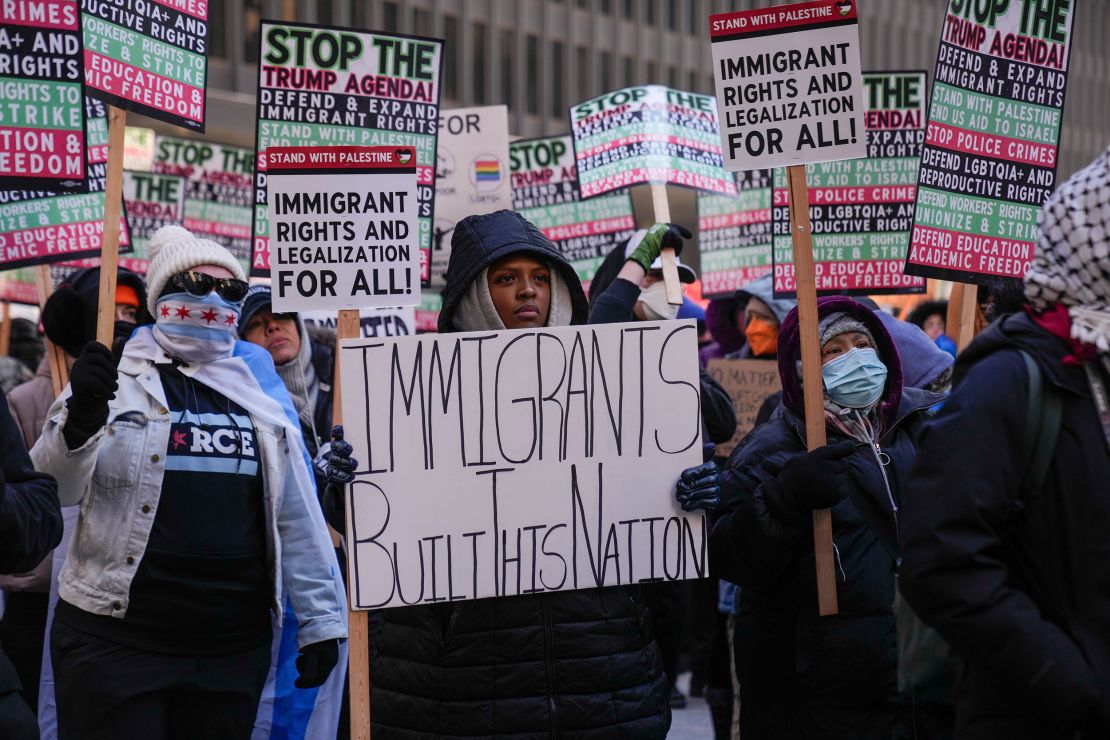 Sonia Rosa Sifore and other anti-Trump demonstrators gather in Chicago's Federal Plaza to rally for a number of issues, including immigrant rights, the Israel-Hamas war, women's reproductive rights, racial equality and others, on the day of President Trump's inauguration Monday.