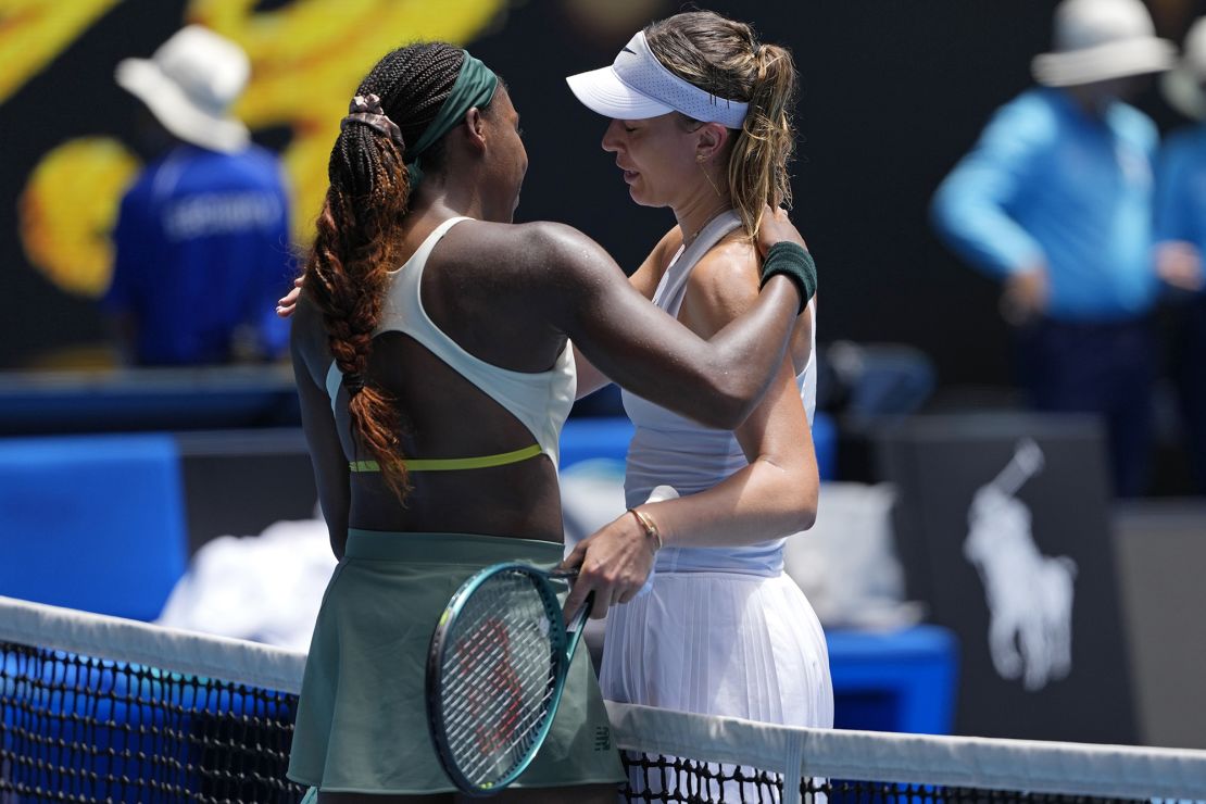 Gauff (left) and Badosa embrace each other after their match.