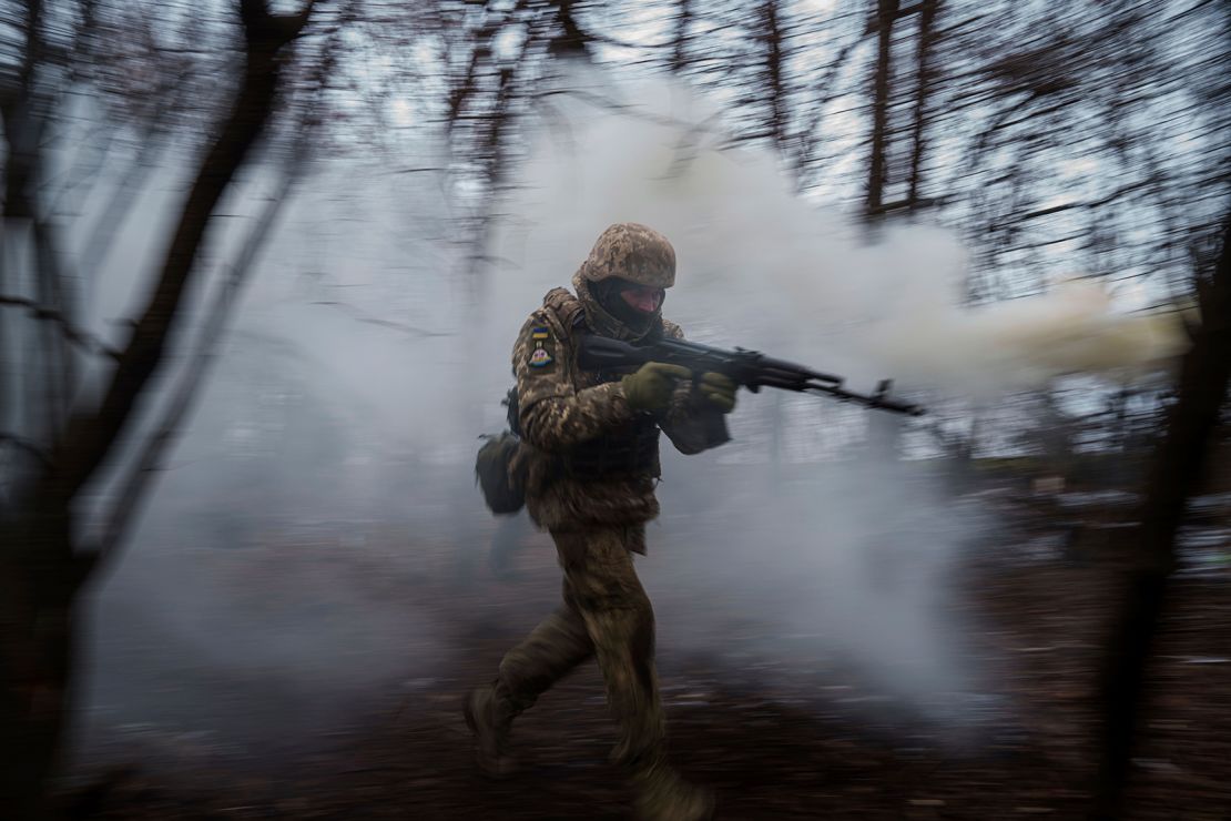 A Ukrainian serviceman of 24th mechanized brigade trains in Ukraine's Donetsk region at the start of last year.