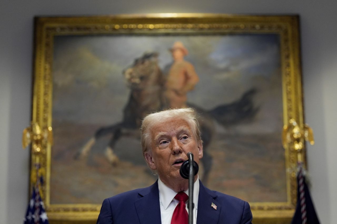 President Donald Trump speaks in the Roosevelt Room of the White House on Tuesday.