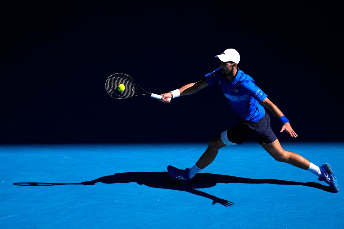 Novak Djokovic plays a forehand return to Alexander Zverev during their semi-final match at the Australian Open.