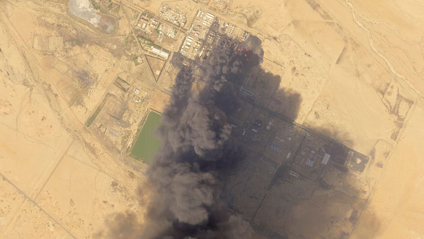 Planet Labs satellite image shows a fire engulfing Sudan's largest oil refinery north of Khartoum, Sudan, on January 24.