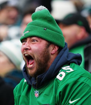 A Philadelphia Eagles fans celebrates a fumble recovery against the Washington Commanders in Philadelphia on January 26.