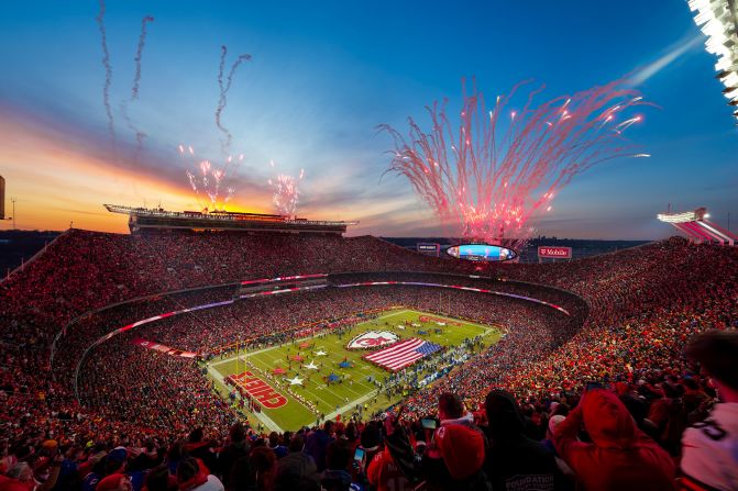 Fireworks explode over Arrowhead Stadium ahead of the AFC Championship game in Kansas City, Missouri, on January 26.