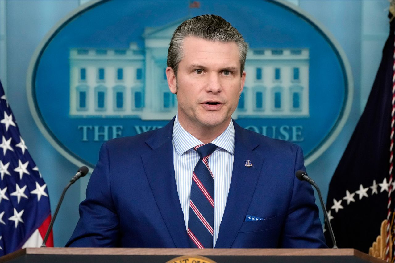 Defense Secretary Pete Hegseth speaks during a briefing at the White House on Thursday.