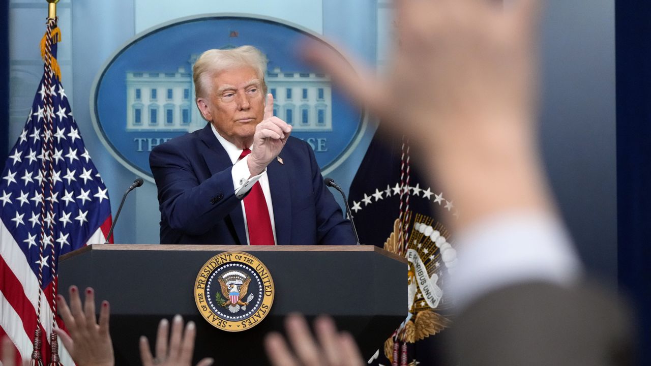 President Donald Trump speaks in the James Brady Press Briefing Room at the White House, Thursday, Jan. 30, 2025, in Washington.