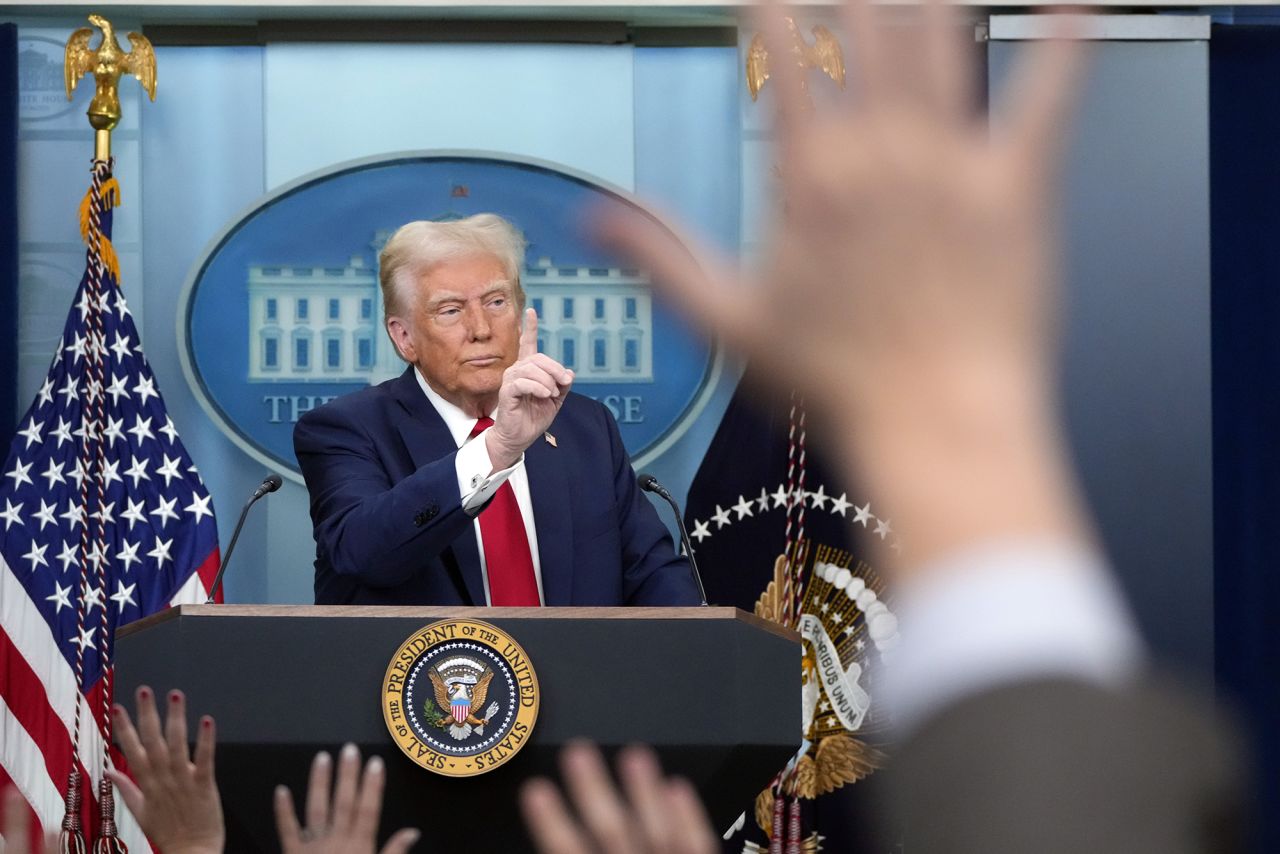 President Donald Trump speaks in the James Brady Press Briefing Room at the White House, on Thursday.