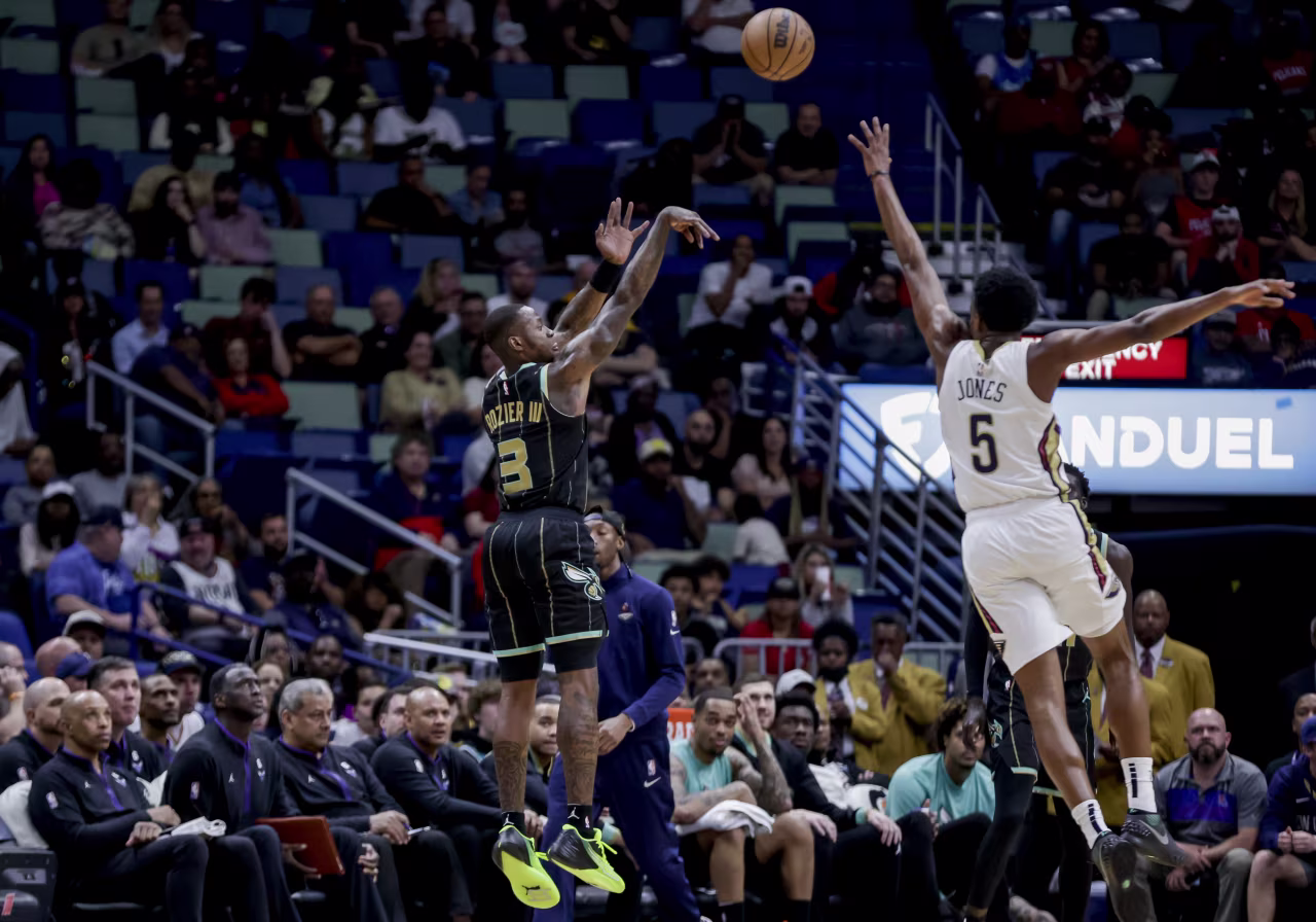Then-Charlotte Hornets guard Terry Rozier shoots the ball during an NBA game in New Orleans on March 23, 2023. He left the game after nine minutes.