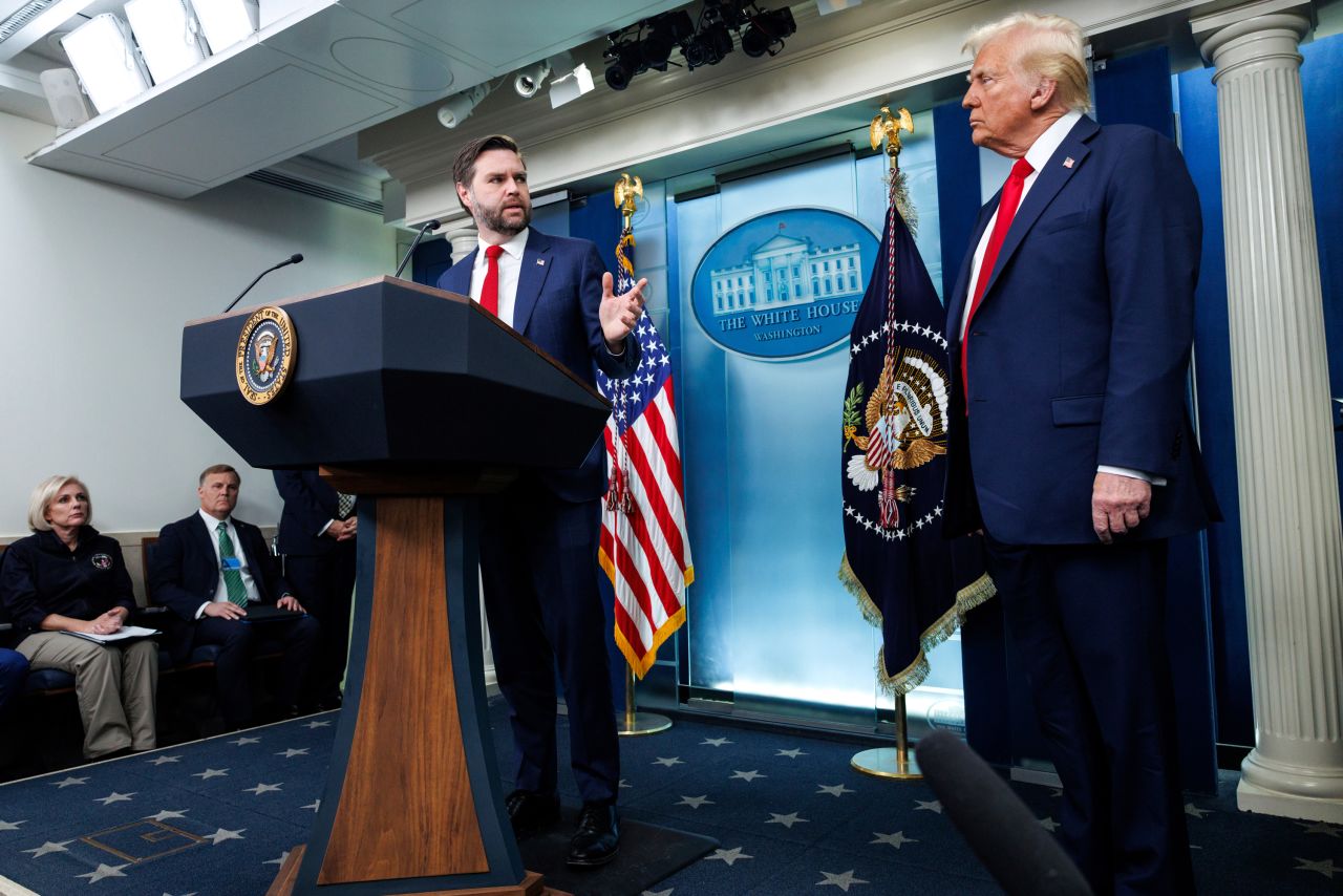 Vice President JD Vance speaks to President Donald Trump on January 30 during a press conference in the White House in Washington, DC.
