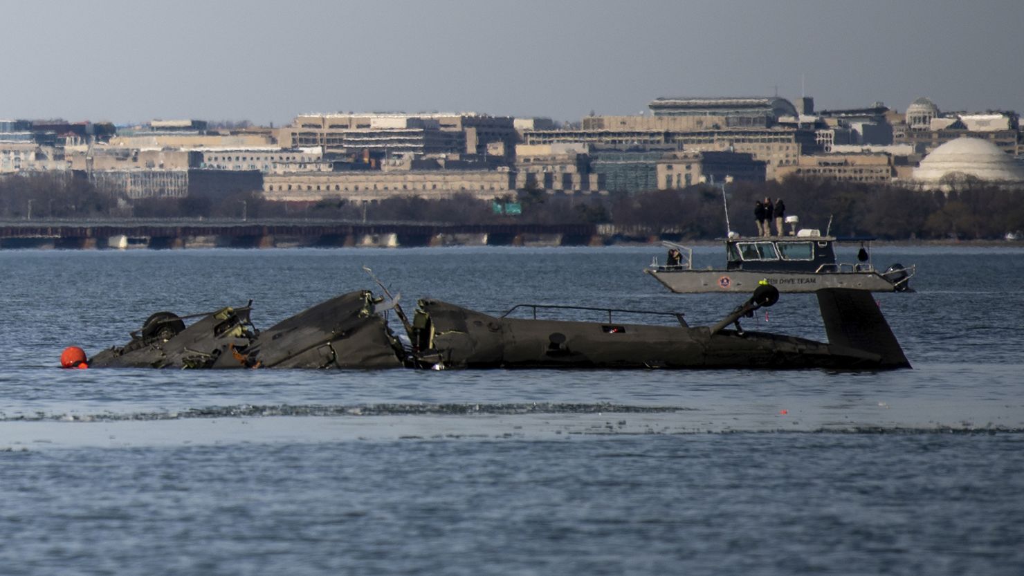 In this image provided by the U.S. Coast Guard, wreckage is seen in the Potomac River near Ronald Reagan Washington National Airport.