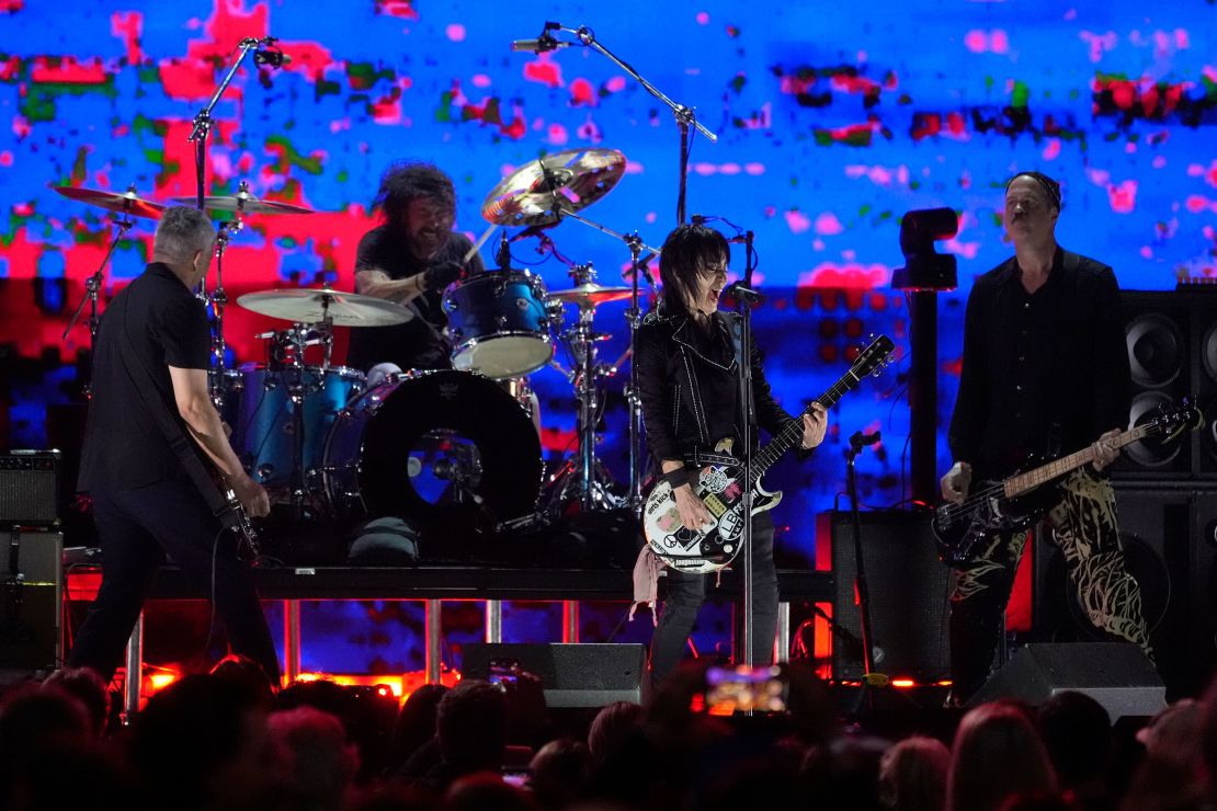 Joan Jett performs with Nirvana at the ​FireAid benefit ⁢concert at The Forum in Inglewood.