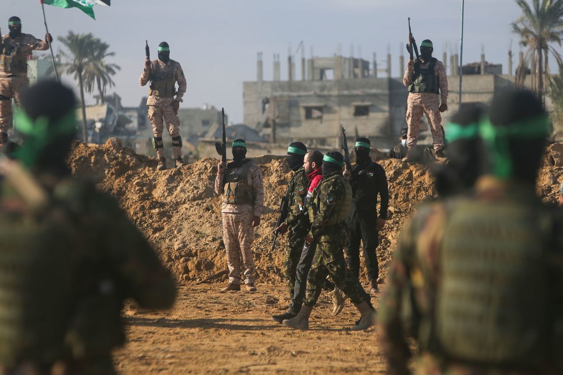 Yarden Bibas is escorted by Hamas militants in Khan Younis on Saturday, during a handover ceremony.