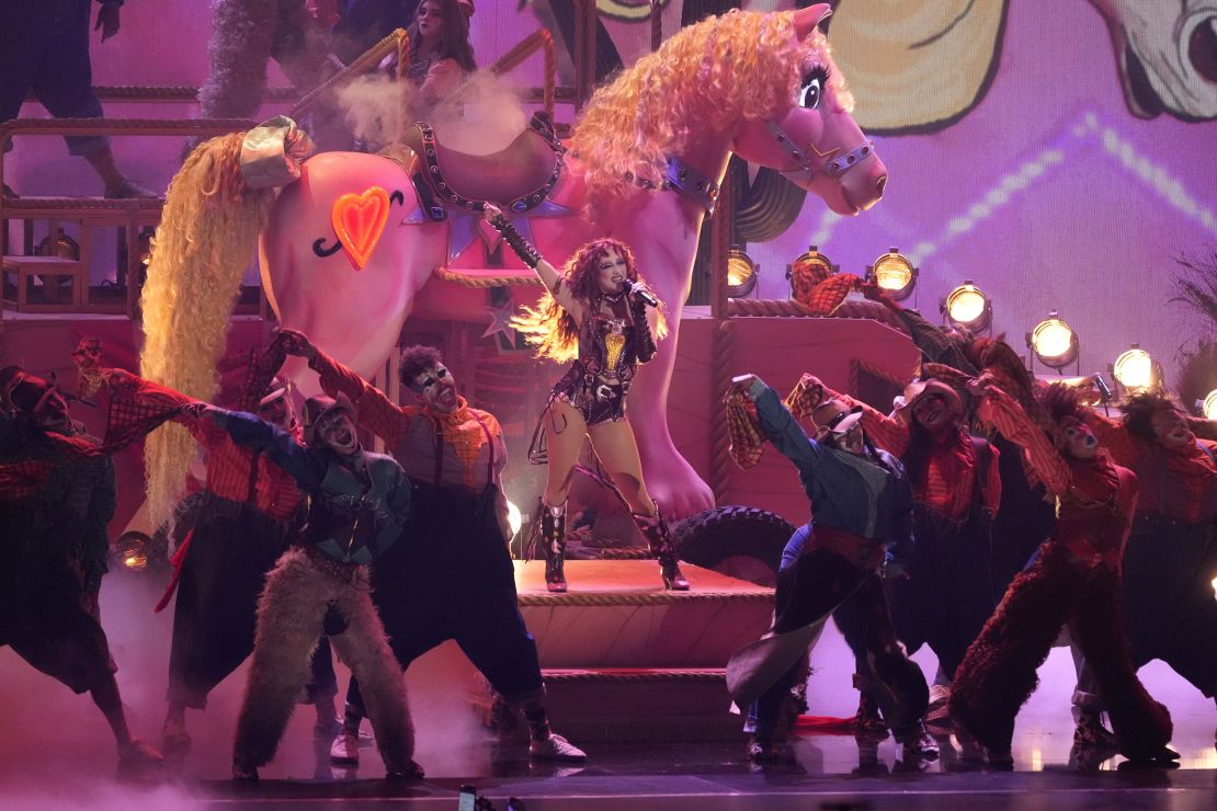 Chappell Roan, center, performed her hit song "Pink Pony Club" during the Grammy Awards in February.