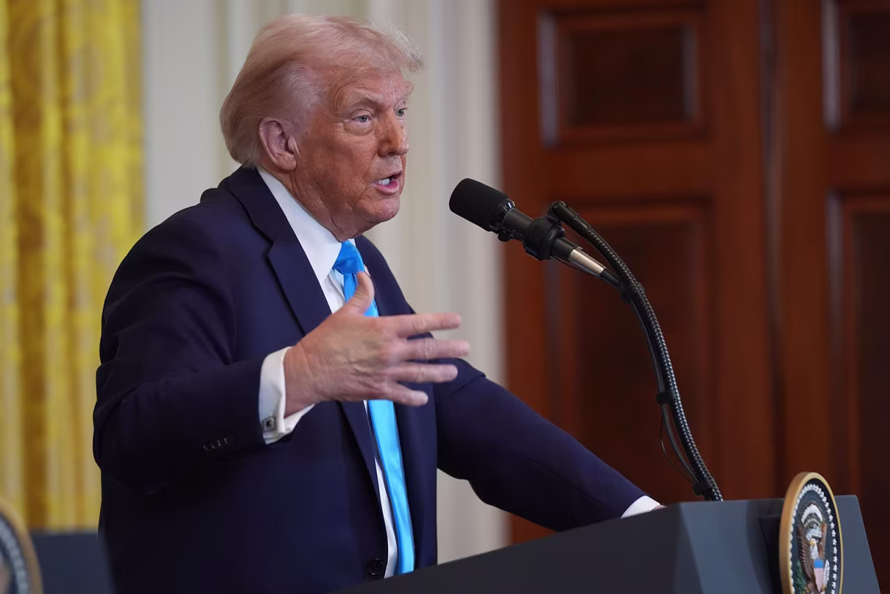 Donald Trump speaks during a news conference with Israel's Prime Minister Benjamin Netanyahu in the East Room of the White House on Tuesday.