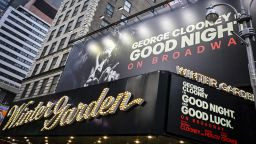 George Clooney announces the Broadway cast of "Good Night, and Good Luck," at the Winter Garden Theater in New York, New York, on Feb. 6, 2025. Clooney is making his Broadway debut in the stage adaptation of the critically acclaimed film.