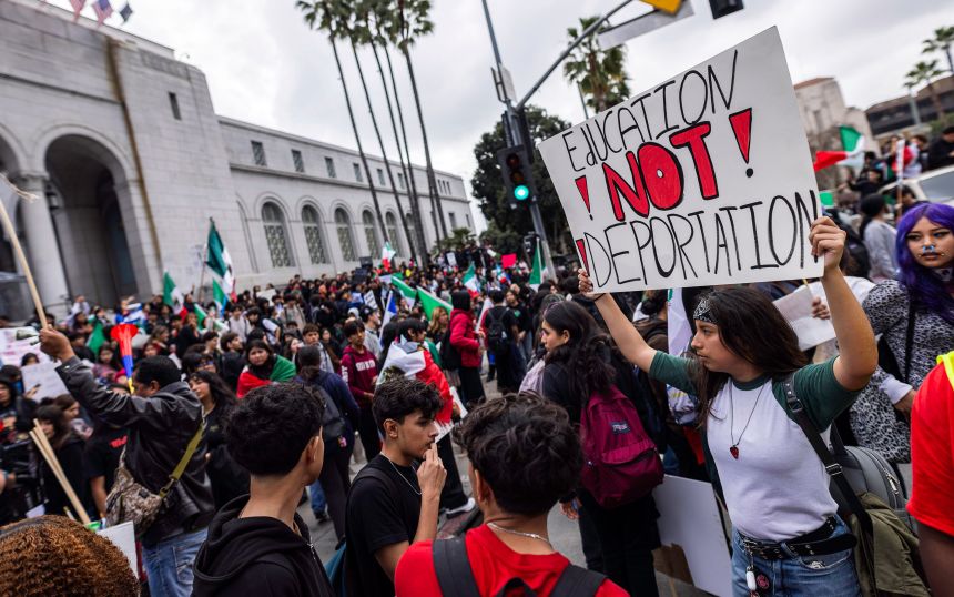 Hundreds of high school students stage a walkout in Downtown Los Angeles on February 6 in protest of ICE and Trump's mass deportation policies.