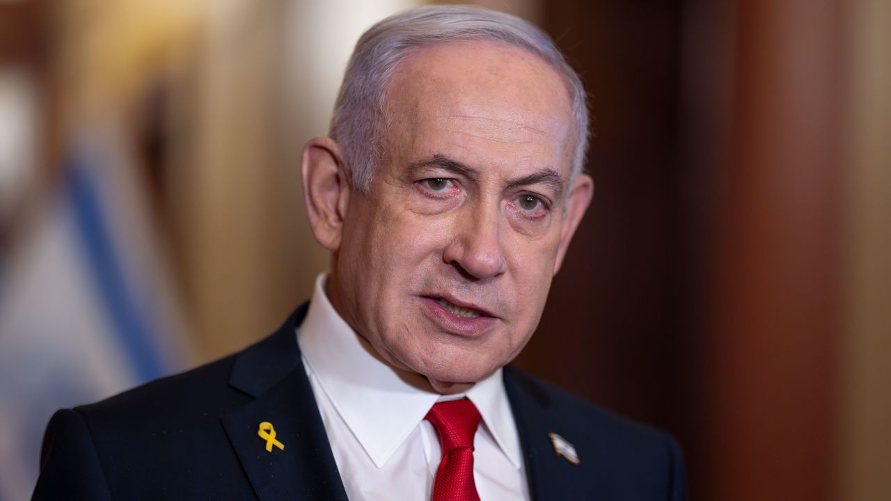 Israeli Prime Minister Benjamin Netanyahu speaks to reporters after meeting with Speaker of the House Mike Johnson at the Capitol in Washington, DC, on February 7.