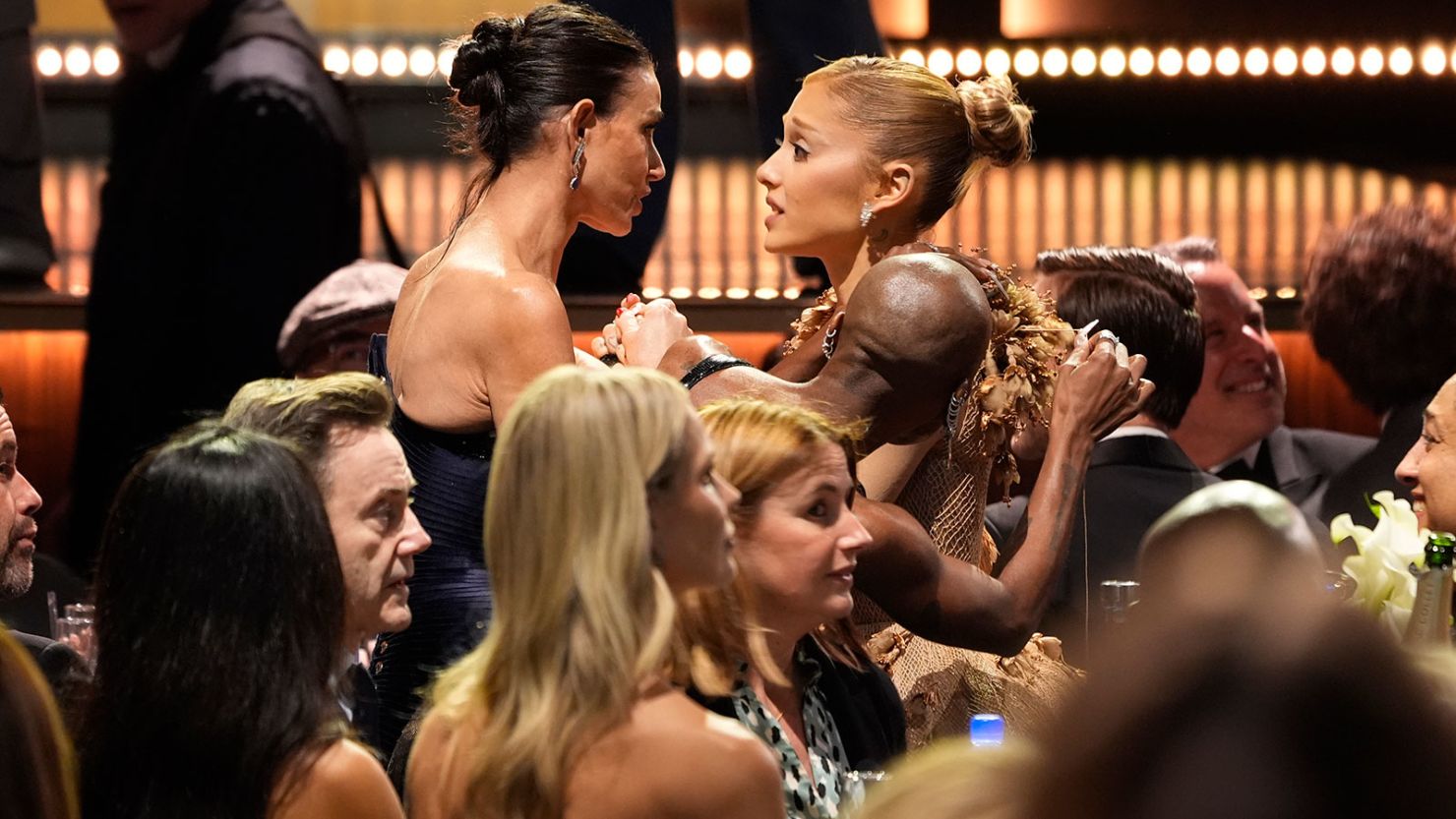 Demi Moore and Ariana Grande appear in the audience during the 30th Critics Choice Awards on Friday, Feb. 7, 2025, at the Barker Hangar in Santa Monica, CA.