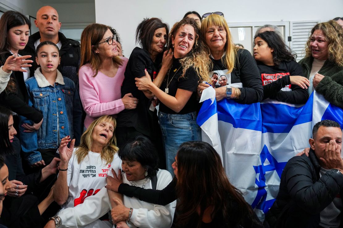 The family of Eli Sharabi react as they watch the live broadcast of him being released.