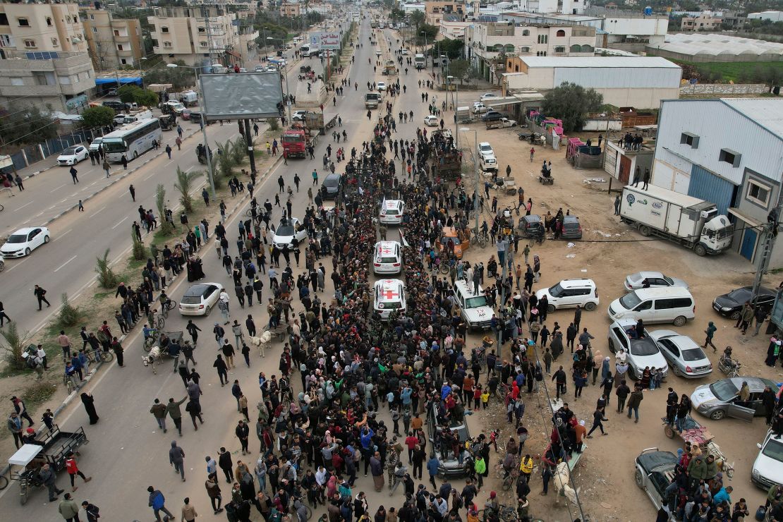 Red Cross vehicles carryingEli Sharabi, Or Levy and Ohad Ben Ami depart following the men's release by Hamas.