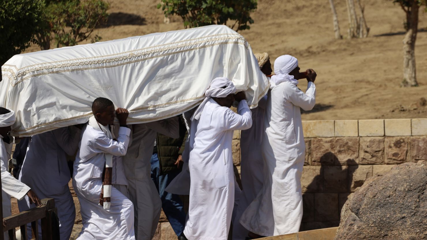 People carry the coffin of Prince Karim Al-Hussaini, the Aga Khan IV and 49th hereditary imam of the Shiite Ismaili Muslims, who died Tuesday in Portugal, to be buried at the Aga Khan mausoleum, in Aswan, Egypt, on Feb. 9, 2025.