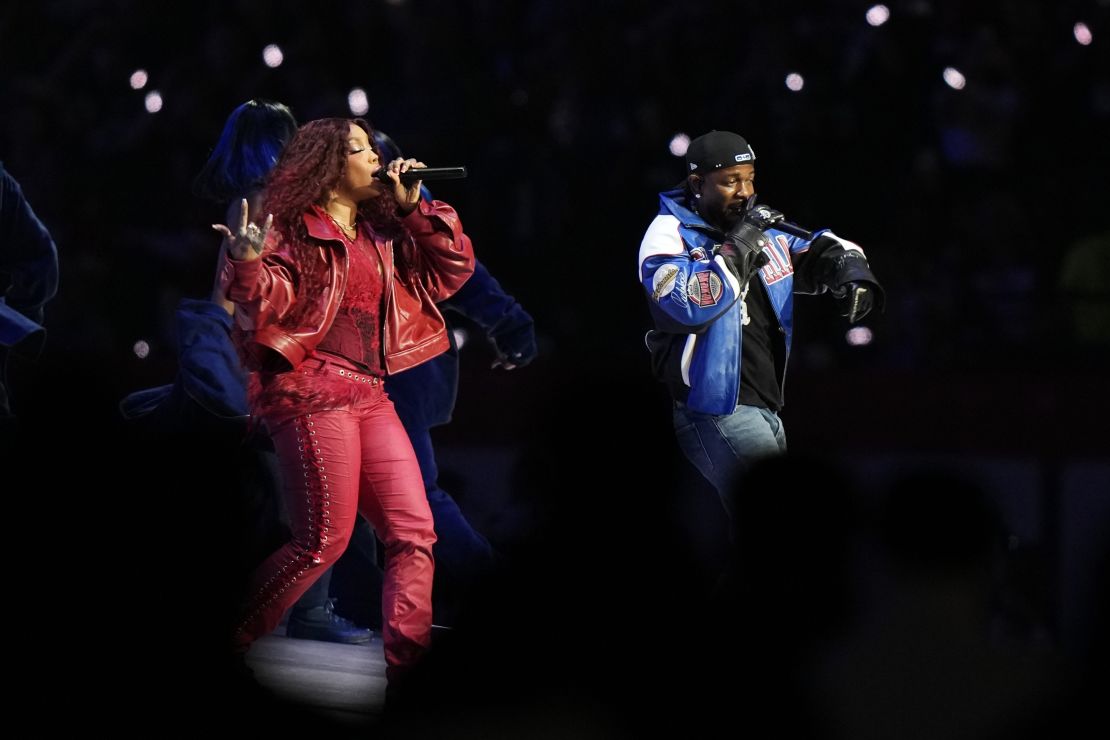 SZA and Kendrick Lamar perform during the Super Bowl halftime show.