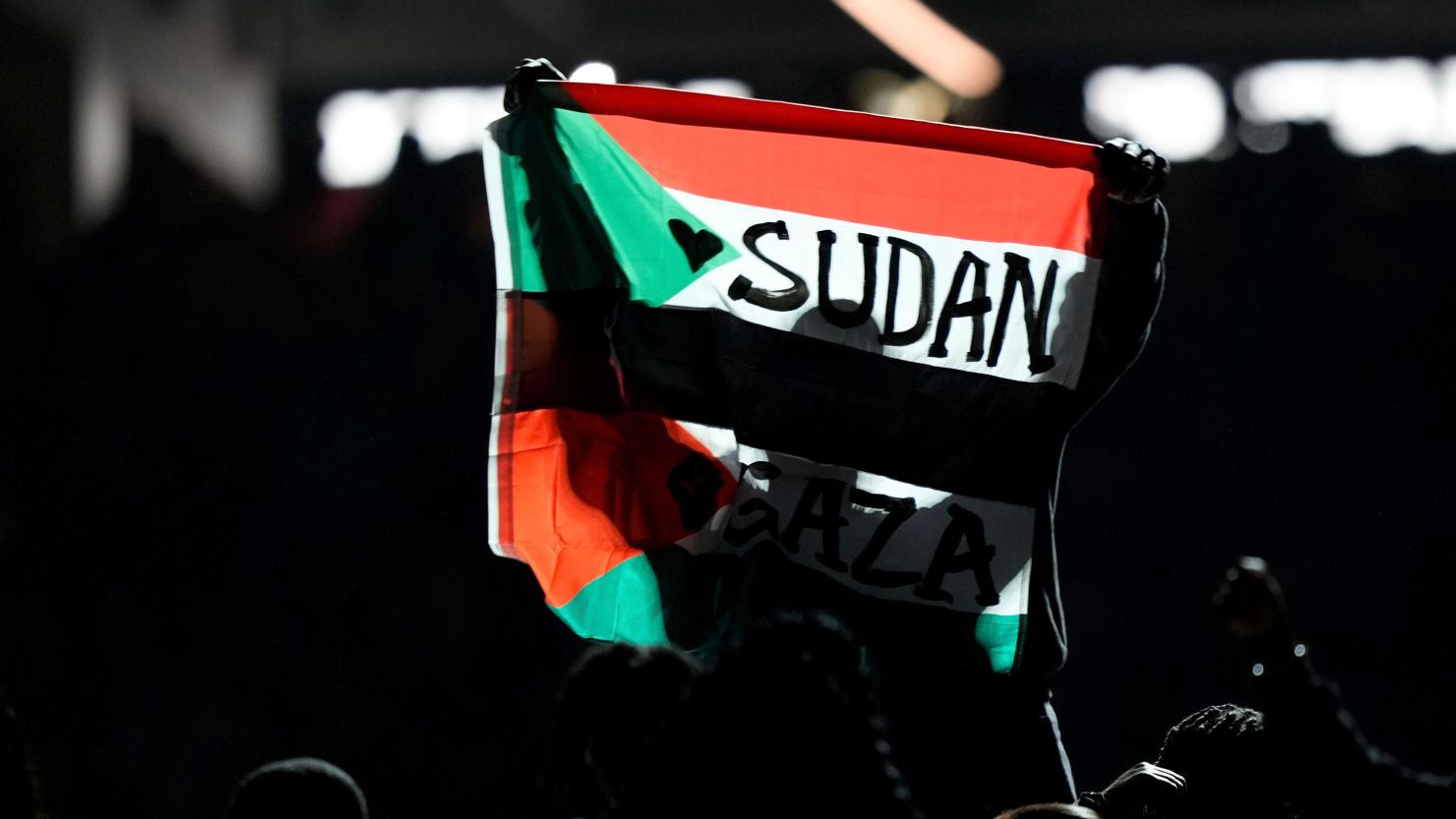 Zul-Qarnain Kwame Nantambu holds up Sudanese and Palestinian flags during the Super Bowl LIX halftime show.
