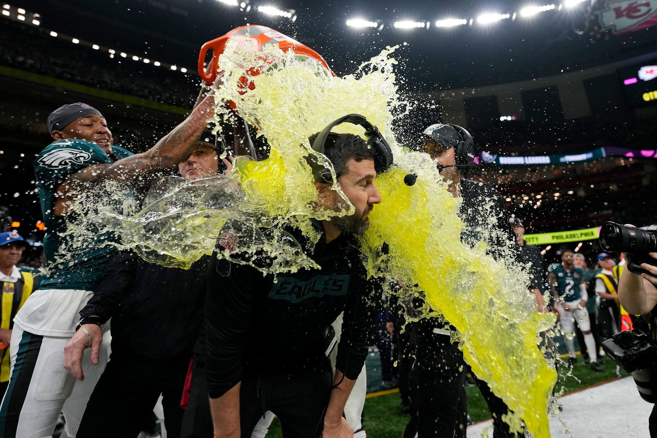 Eagles head coach Nick Sirianni receives a Gatorade bath during the final moments of the game.