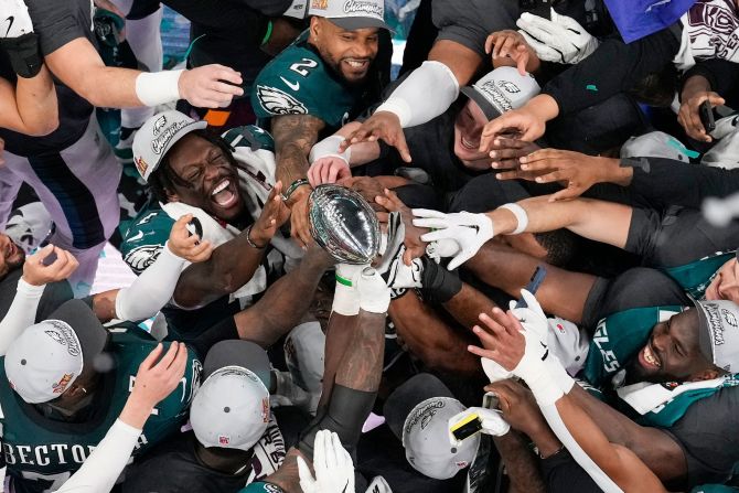 The Philadelphia Eagles celebrate with the Lombardi Trophy after winning Super Bowl LIX on Sunday, February 9.