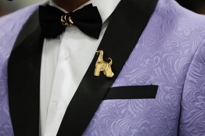 An attendee wears a dog pin during the show on Monday.