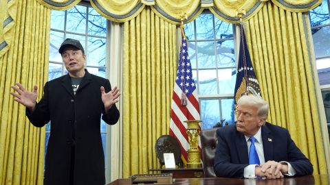 President Donald Trump listens as Elon Musk speaks in the Oval Office at the White Hous on Feb. 11, 2025. (Photo/Alex Brandon)