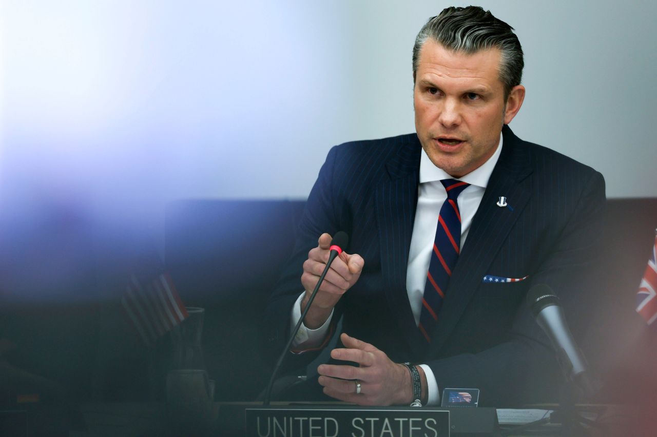 US Secretary of Defense Pete Hegseth speaks during a meeting of the Ukraine Defense Contact group at NATO headquarters in Brussels, on February 12.