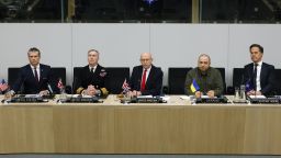 US Secretary of Defense Pete Hegseth, UK Chief of Defense Admiral Sir Tony Radakin, UK Defense Secretary John Healey, Ukraine's Defense Minister Rustem Umerov, and NATO Secretary General Mark Rutte at NATO headquarters in Brussels on February 12.