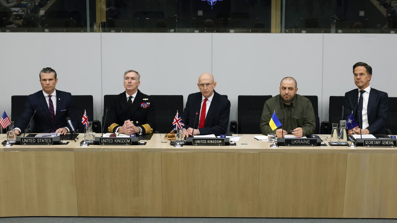US Secretary of Defense Pete Hegseth, UK Chief of Defense Admiral Sir Tony Radakin, UK Defense Secretary John Healey, Ukraine's Defense Minister Rustem Umerov, and NATO Secretary General Mark Rutte at NATO headquarters in Brussels on February 12.