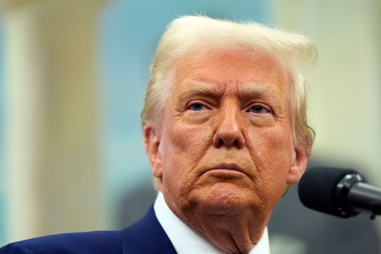 President Donald Trump speaks in the Oval Office of the White House on Wednesday, in Washington, DC.
