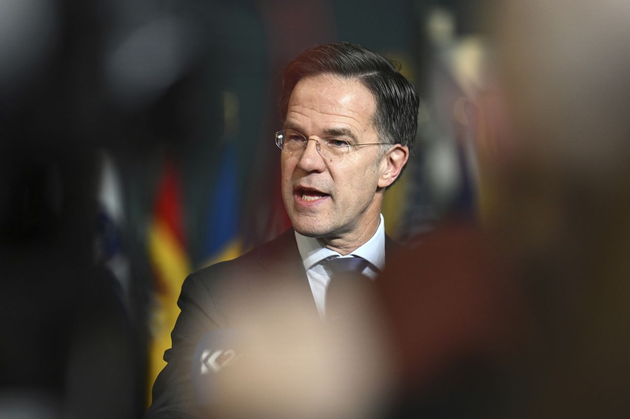NATO Secretary General Mark Rutte speaks with the media as he arrives for a meeting of NATO defense ministers at NATO headquarters in Brussels, Belgium, on Thursday.