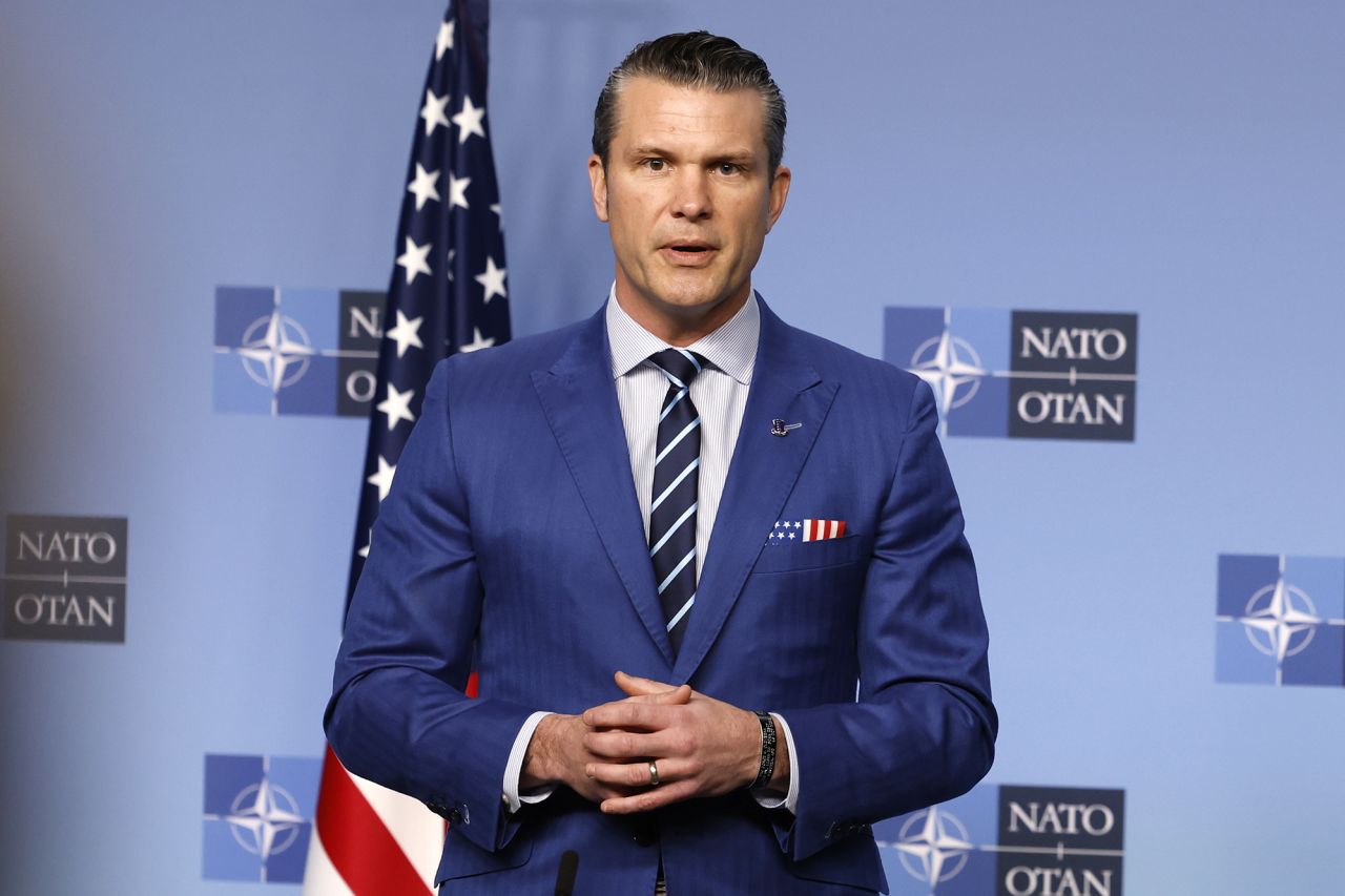 United States Secretary of Defense Pete Hegseth delivers an address to the media prior to a meeting at NATO headquarters in Brussels, Belgium, on Thursday.