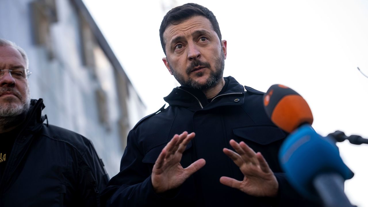 Volodymyr Zelenskyy, president of Ukraine speaks to the press during a media briefing on the territory of Khmelnytskyi Nuclear Power Plant, Ukraine, Thursday, Feb. 13, 2025. (AP Photo/Alex Babenko)