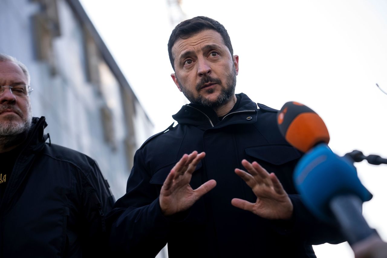 President of Ukraine Volodymyr Zelensky speaks to the press during a media briefing on the territory of Khmelnytskyi Nuclear Power Plant, Ukraine, on Thursday.