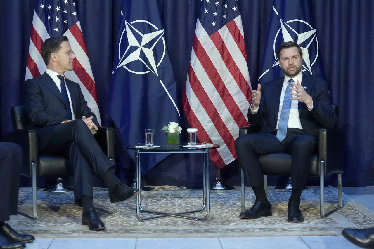 United States Vice-President JD Vance, right, speaks during a bilateral meeting with NATO Secretary General Mark Rutte on the sidelines of the Munich Security Conference in Munich, Germany, on Friday.