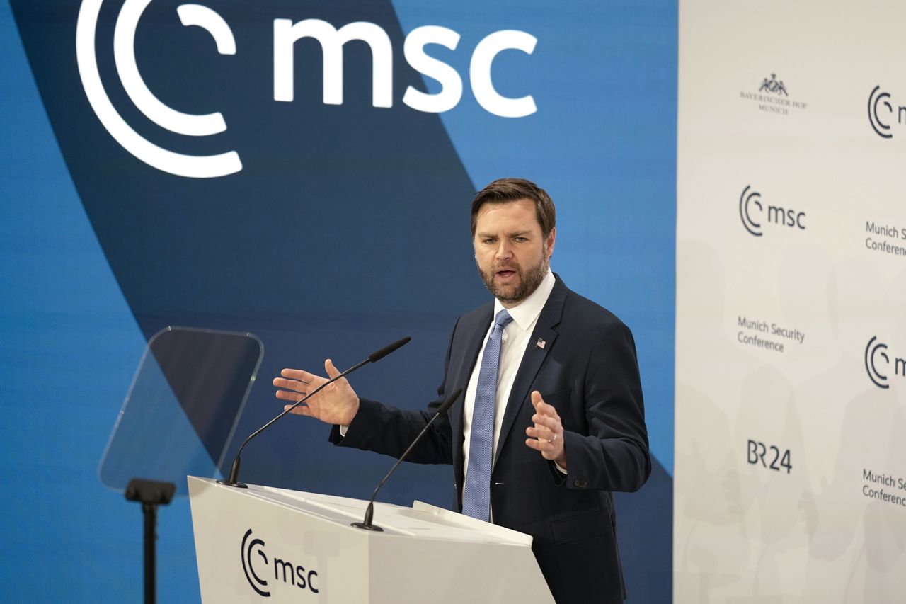 United States Vice-President JD Vance addresses the audience during the Munich Security Conference at the Bayerischer Hof Hotel in Munich, Germany, on Friday.