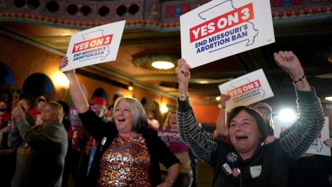 FILE - People at a election night watch party react after an abortion rights amendment to the Missouri constitution passed on Nov. 5, 2024, in Kansas City, Mo. (AP Photo/Charlie Riedel, File)