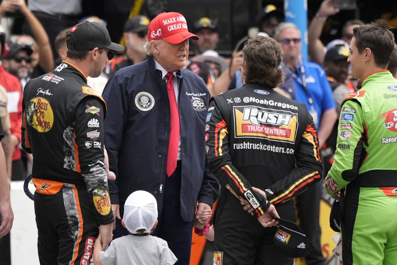 President Donald Trump greets drivers and crew members at NASCAR's Daytona 500 race in Daytona Beach, Florida, on Sunday.