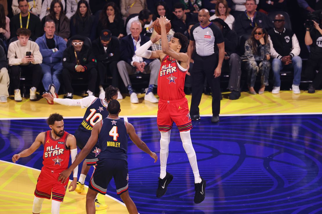 San Antonio Spurs center Victor Wembanyama attempts a 3-point shot during the NBA All-Star basketball game on February 16, 2025 in San Francisco.